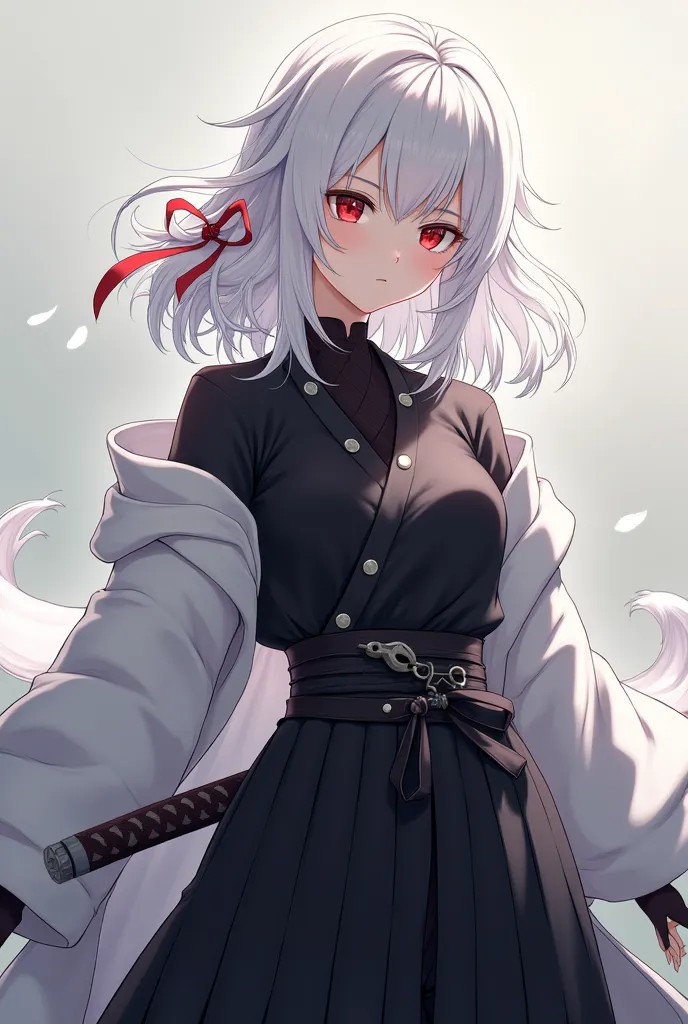  long white hair that covers shoulders, Red Eyes,  Anime Girl,  Black Hakama Pants , black shirt with silver buttons, White long-sleeved haori, Sword on waist.