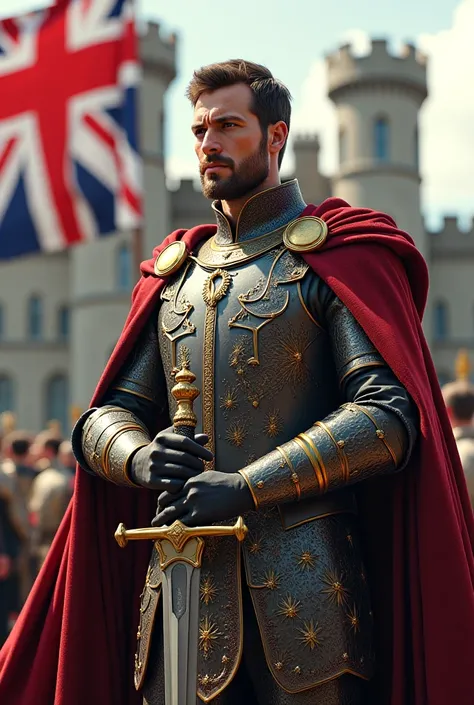 A proud emperor in royal armor, holding a sword, with a castle and British flag in the background.