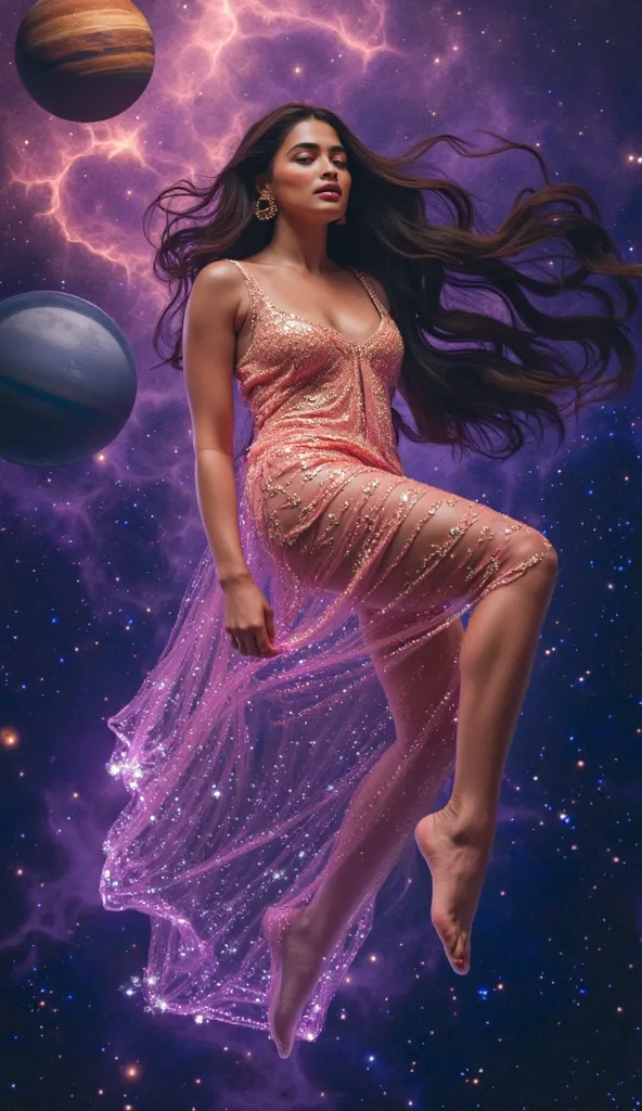 A celestial woman drifts in a zero-gravity space ocean, her body wrapped in an endless veil that glows like woven stardust. The fabric flowing infinitely around her, shifting between deep nebula purples and radiant golden hues. Her long, dark hair intertwi...