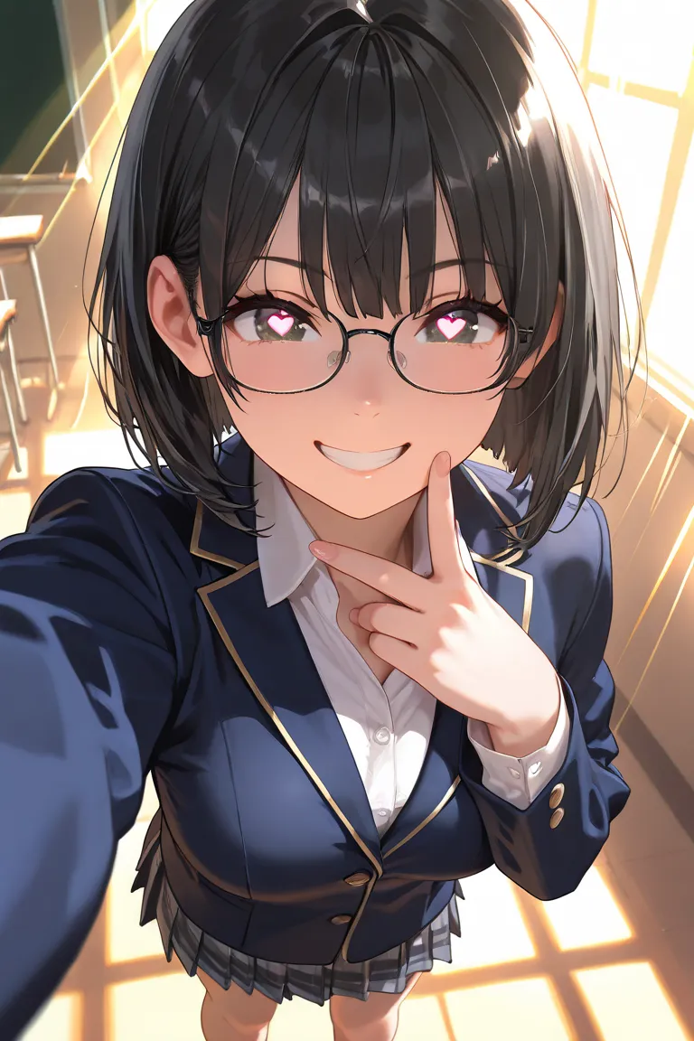 masterpiece, 8k, school, shoes, bare feet, bob hair, black hair, high school uniform, glasses, (standing:1.5), 1girl, thin chests, medium breasts, close-up face, Dynamism, unrealistic beauty, enchanting eyes, perfect face, clear darkened eyes, looking at v...