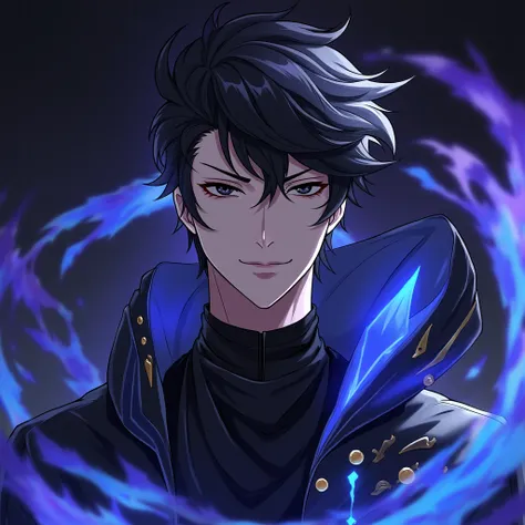 Ultra-detailed anime-style illustration of Sung Jinwoo from Solo Leveling. A mid half-body shot, captured from a cameraman’s perspective. His body is facing left, but his head is turned toward the camera, making direct eye contact with an intense and confi...