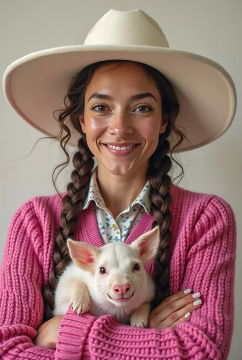 Woman with two braids , large white hat, phosphorescent green yarn sweater, smiling with his corn in his hand