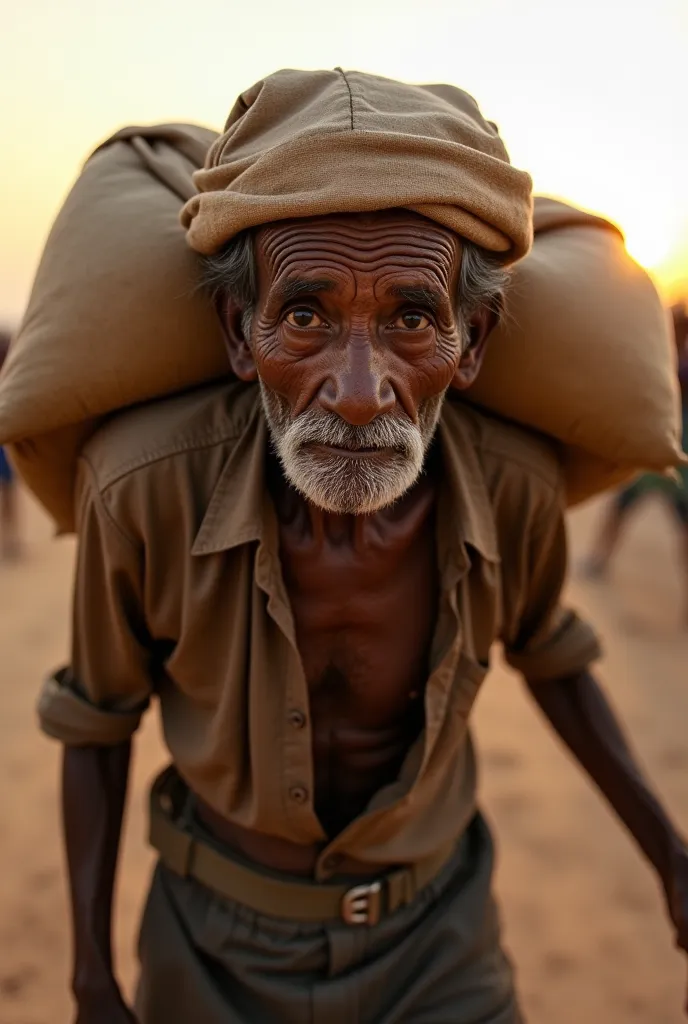 An elderly man with dark, weathered skin, marked with dirt and sweat, carries a heavy sack over his shoulder. His frail yet resilient body is wrapped in an old, worn-out shirt, and a simple fabric hat rests atop his head, shielding him from the sun. His de...