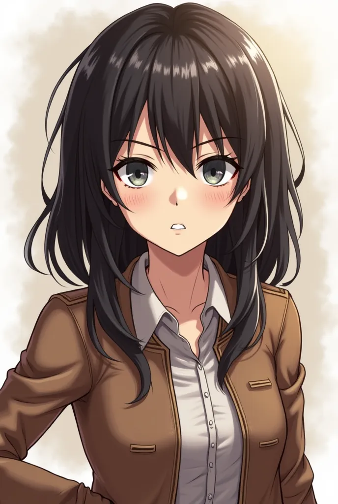 draw an attack titan character with this description:very tall girl ,190 samntmeters.Dark brown hair mixed with light color ,shoulder length hair ,have strands on the sides ,their ends are curved forward,her almond shaped eyes ,with deep gray-blue color ,a...