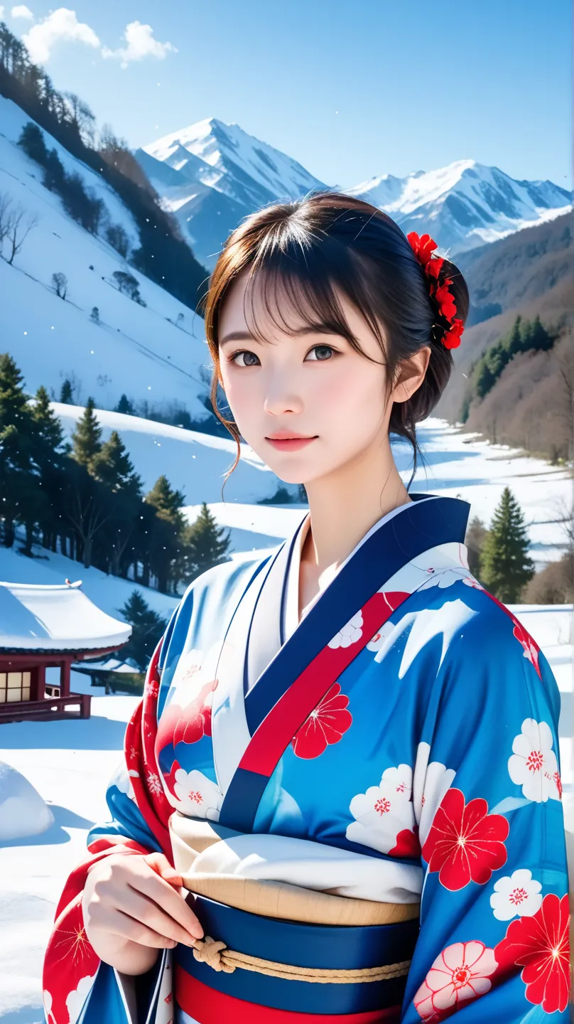 ( kimono)、fantasy landscape、(Top Quality,masterpiece:1.3,super A high resolution,),(very detailed,caustics),(Photorealistic:1.4,RAW shooting), super realistic capture,very well detailed,  High Resolution 16K  、 has a natural skin texture、、 has an even skin...