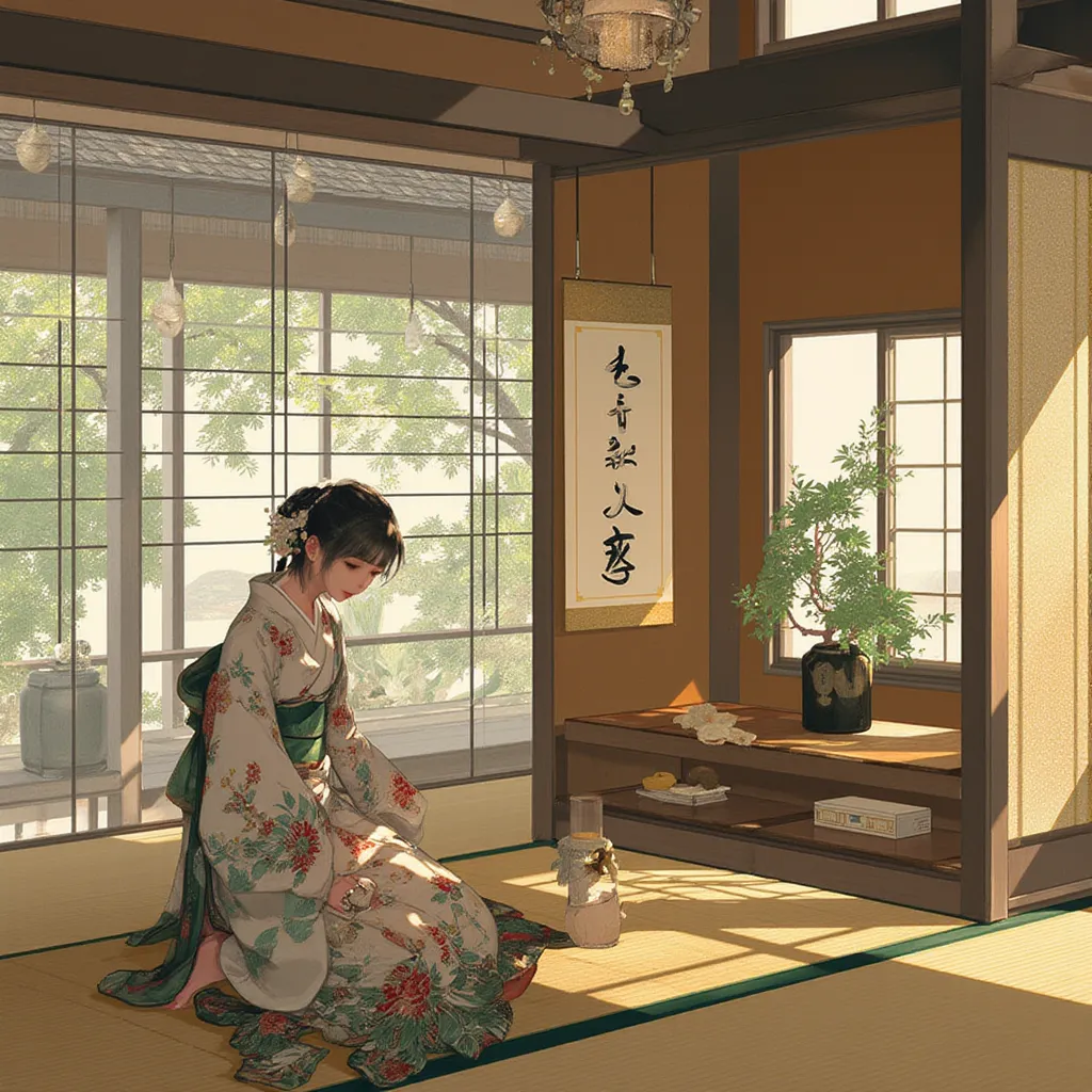 ar311.A ultra-realistic painting. Inside a traditional tea house, a woman wearing a beautifully patterned kimono kneels on a tatami mat. The room is adorned with sliding shoji screens, and a small tokonoma alcove displays a seasonal flower arrangement and ...