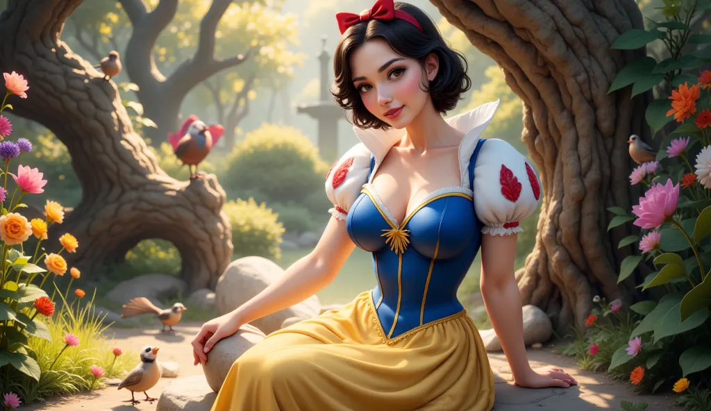 A highly realistic and cinematic full-body depiction of Snow White sitting gracefully in a stunning, Sexy, Breast, big ass, enchanted garden. She has delicate, fair skin, deep brown eyes, and short, wavy black hair with a signature red bow. She wears an el...