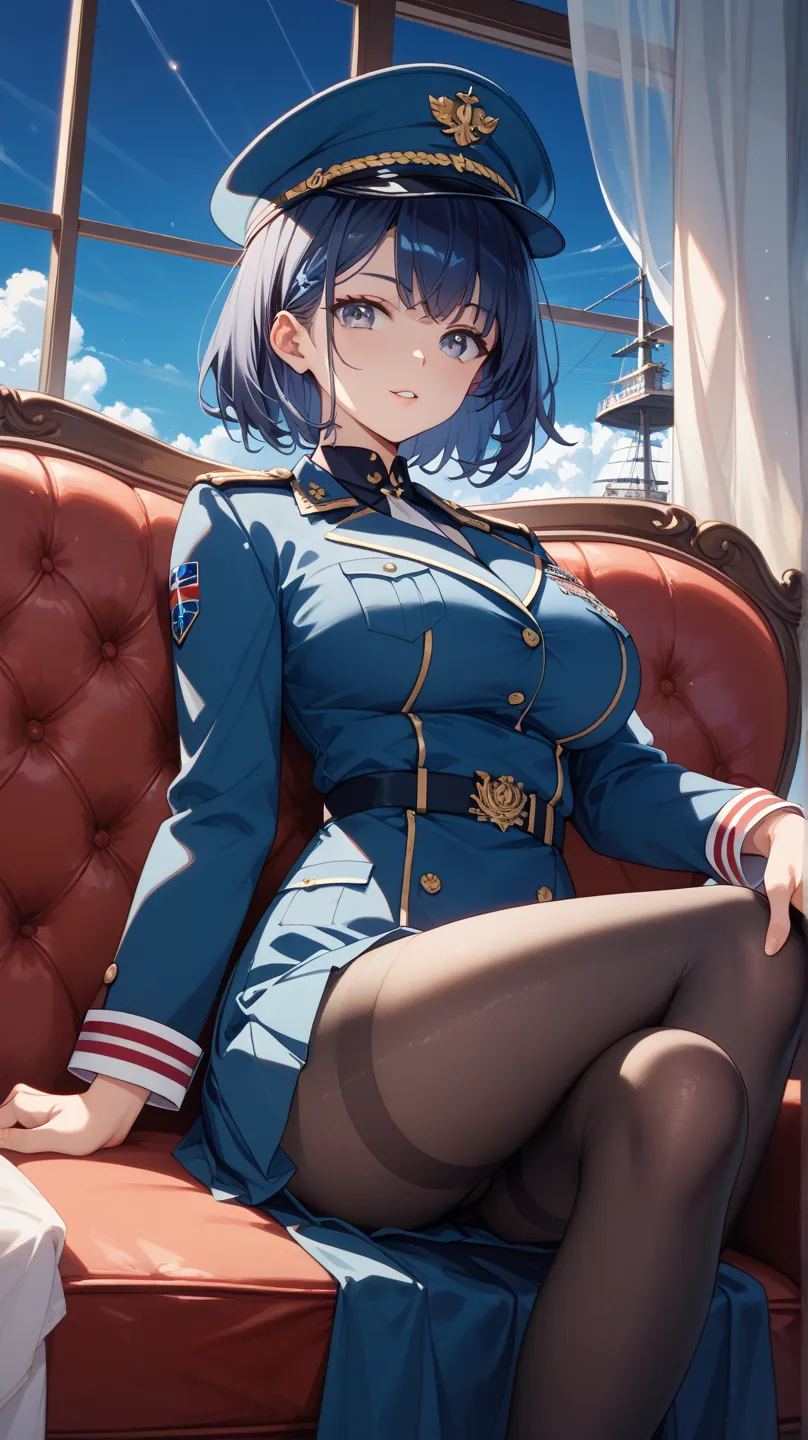 Big Breasts、Tall Length、Leg length、 and the body is thin 、The legs are slender 、 navy colored military uniform、 Dark Blue Army Uniform、The dark blue military hat 、dark blue hair、 Navy Pointed Eyes 、 long navy hair、An escort ship in the background、 and the ...