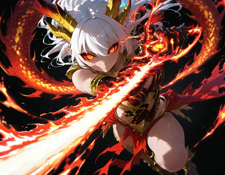 A (((dragon goddess))), with (((red, black, and white hair))), flawlessly smooth skin, and (((sharp, bright dragon eyes))), that exude an (attack-like posture), extending a (((dragon claw))) towards the viewer, in a (vividly detailed dragon silhouette) tha...