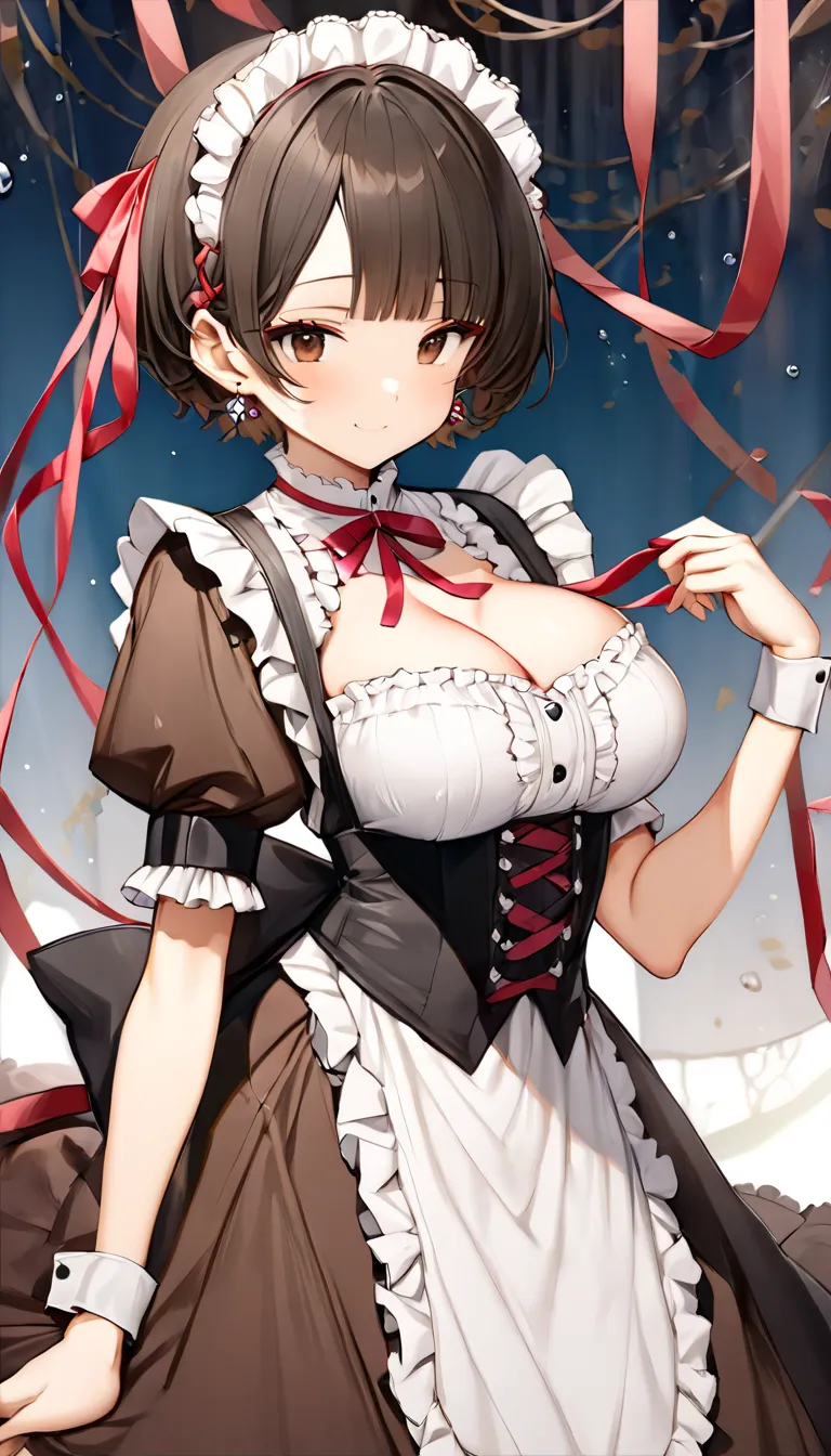 ((black hair short hair、with bangs))（Height: 160cm、sexy body）((("A beautiful anime girl dressed in an old-style Victorian-inspired British maid outfit. The dress is adorned with numerous frills and long flowing ribbons, creating a balance between elegance ...