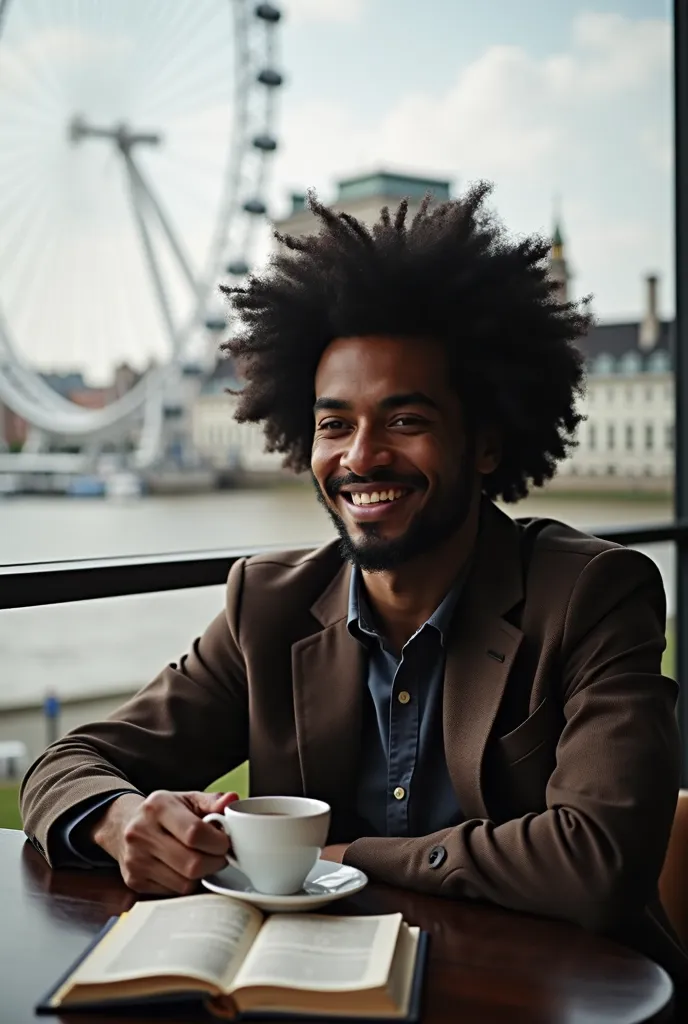  A Man, negro, cabelo black power, smiling, Sitting at a bar table in England and in the background you can see the London Eye (The Ferris Wheel), Having a coffee and with an English dictionary on your table.  He is looking directly at the camera 