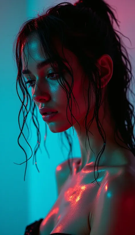 Best quality, masterpiece, ultra high res, (photorealistic:1.4), raw photo, 1girl,
wet hair, wet body, water drop on the skin, directed by shane mcmellen, in the style of neon-lit pop art, photo taken with ektachrome, distorted portraiture, surreal sculptu...