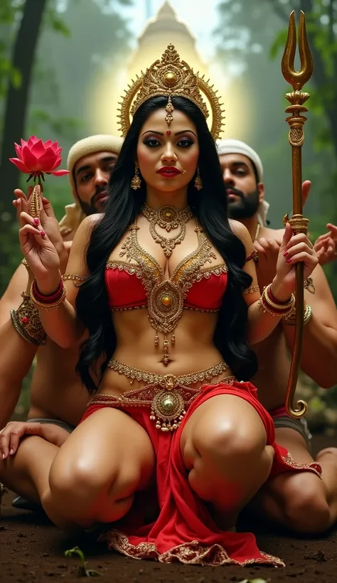 (Realistic picture of sex queen  looking like divine form of hindu durga maa sitting on lion thighs with a divine glowing aura behind her. The background features a mystical forest temple,Hindu goddess wear a red split dress for showcasing her shiny legs a...