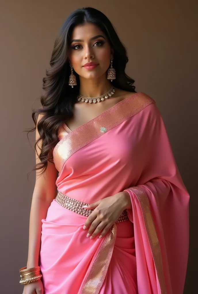 Make a 25 year old woman ,make her beautiful with voluptuous and curvaceous body in pink saree make her waist show her waist ,give her some jewellery on neck and ears , only light jewellery not heavy , also give her a gold chain on her waist and her hair o...