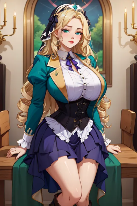 (masterpiece, best quality, absurdres, 4k, aesthetic, detailed, intricate),1girl,nikkecrwn,tiara, hair ribbon, long blonde drill hair, drill locks, black and white nun's clothes, elegant Victorian-inspired outfit with a gothic-lolita aesthetic. green color...