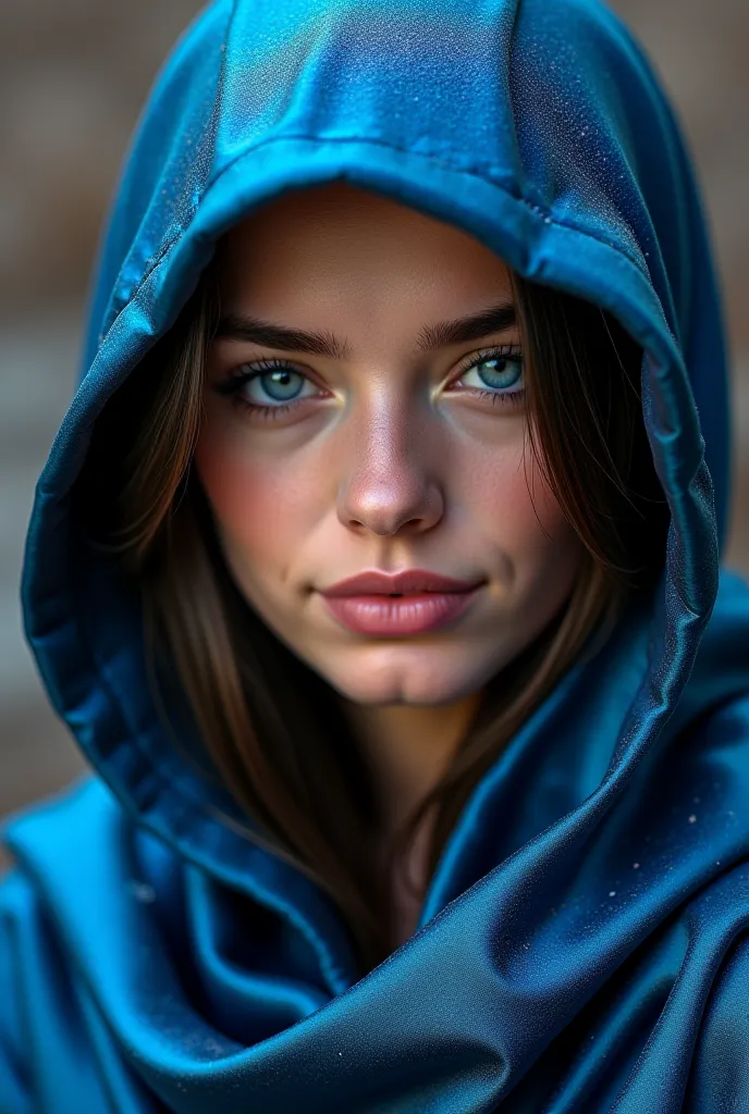 /imagine iridescent art Portrait of a woman's long hair ,probably almost thirty years old,  wrapped under a rich deep blue satin hood with shiny iridescent blue powder Intensely detailed facial features, including stunning light blue eyes, full lips and we...