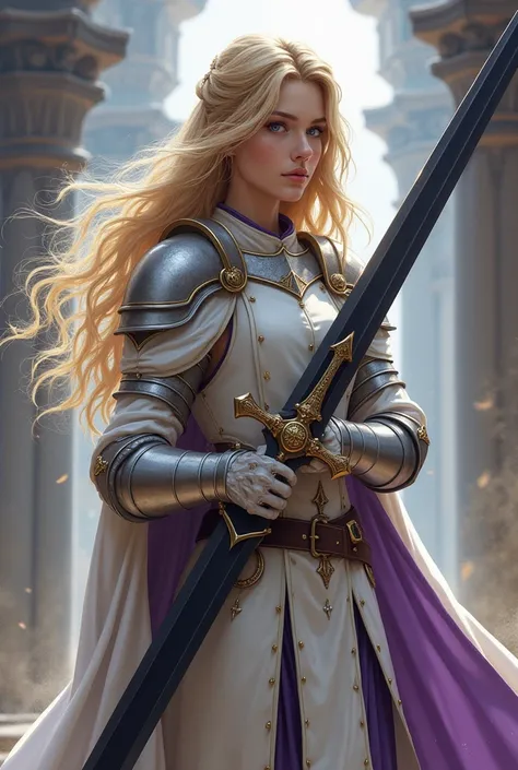  girl paladin height 145cm, weight 25kg, in white medieval armor,  amethyst eyes . blonde, long hair, has a huge black sword 3m in length, there are bracers, she waves her sword with great power, in the spirit dnd