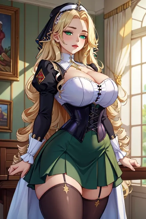 (masterpiece, best quality, absurdres, 4k, aesthetic, detailed, intricate),1girl,nikkecrwn,tiara, hair ribbon, long blonde drill hair, drill locks, black and white nun's clothes, elegant Victorian-inspired outfit with a gothic-lolita aesthetic. green color...