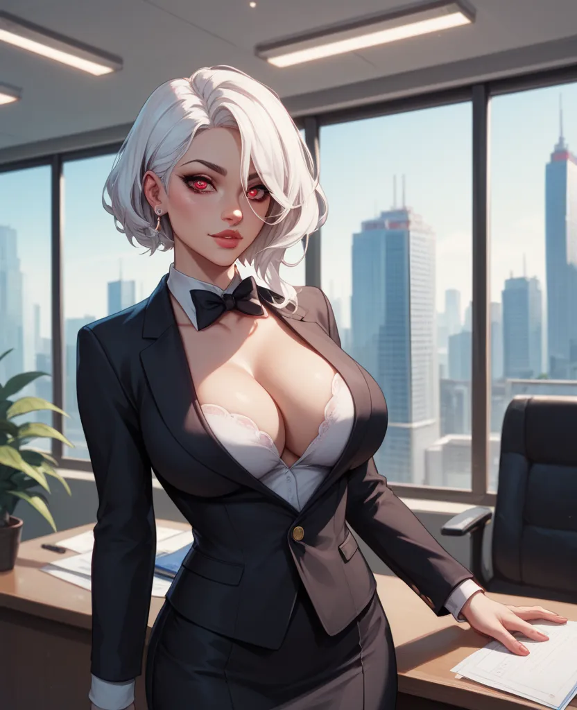 Extremely beautiful white hair lady, wearing a black tuxedo, deep cleavage, bow tie, standing in a office room in a glass skyscraper, view from her knees till her face, her white hair covering her left eye, oabts, perfect red eye pupils, front view 