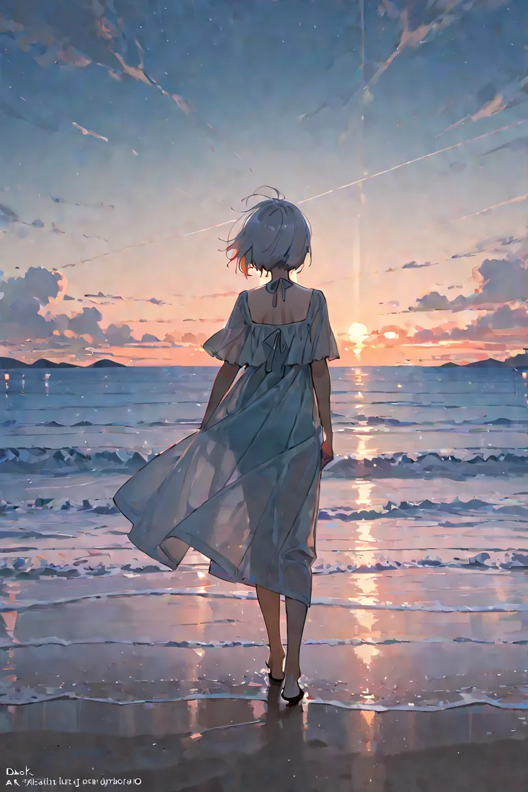 a girl，Sophia ，Facing the sea，dusk， Beach