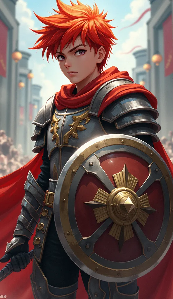 Young guy, armor, red hair,  without beard, big shield,  is worth,  anime drawing