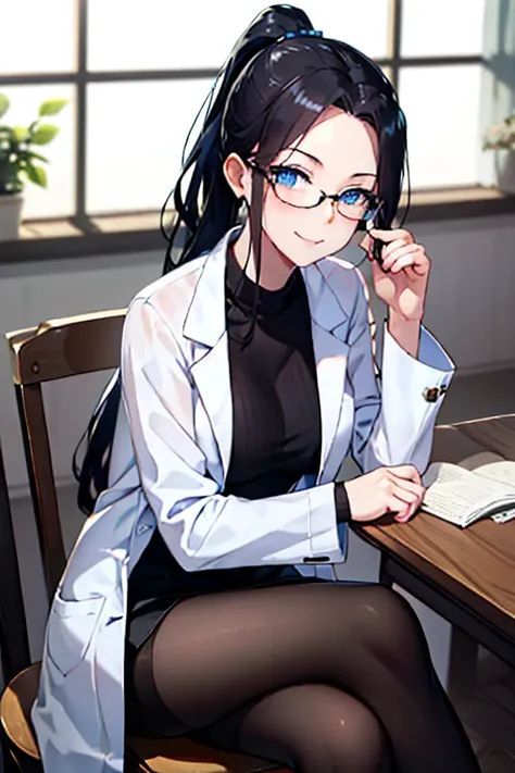 female, large breasts, mature and beautiful, light smile, black hair, ponytail, lab coat, light blue eyes, glasses, black pantyhose, black skirt, tight skirt, white shirt, 170cm, sitting on chair, tender