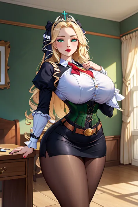 (masterpiece, best quality, absurdres, 4k, aesthetic, detailed, intricate),1girl,nikkecrwn,tiara, hair ribbon, long blonde drill hair, drill locks, black and white nun's clothes, elegant Victorian-inspired outfit with a gothic-lolita aesthetic. green color...