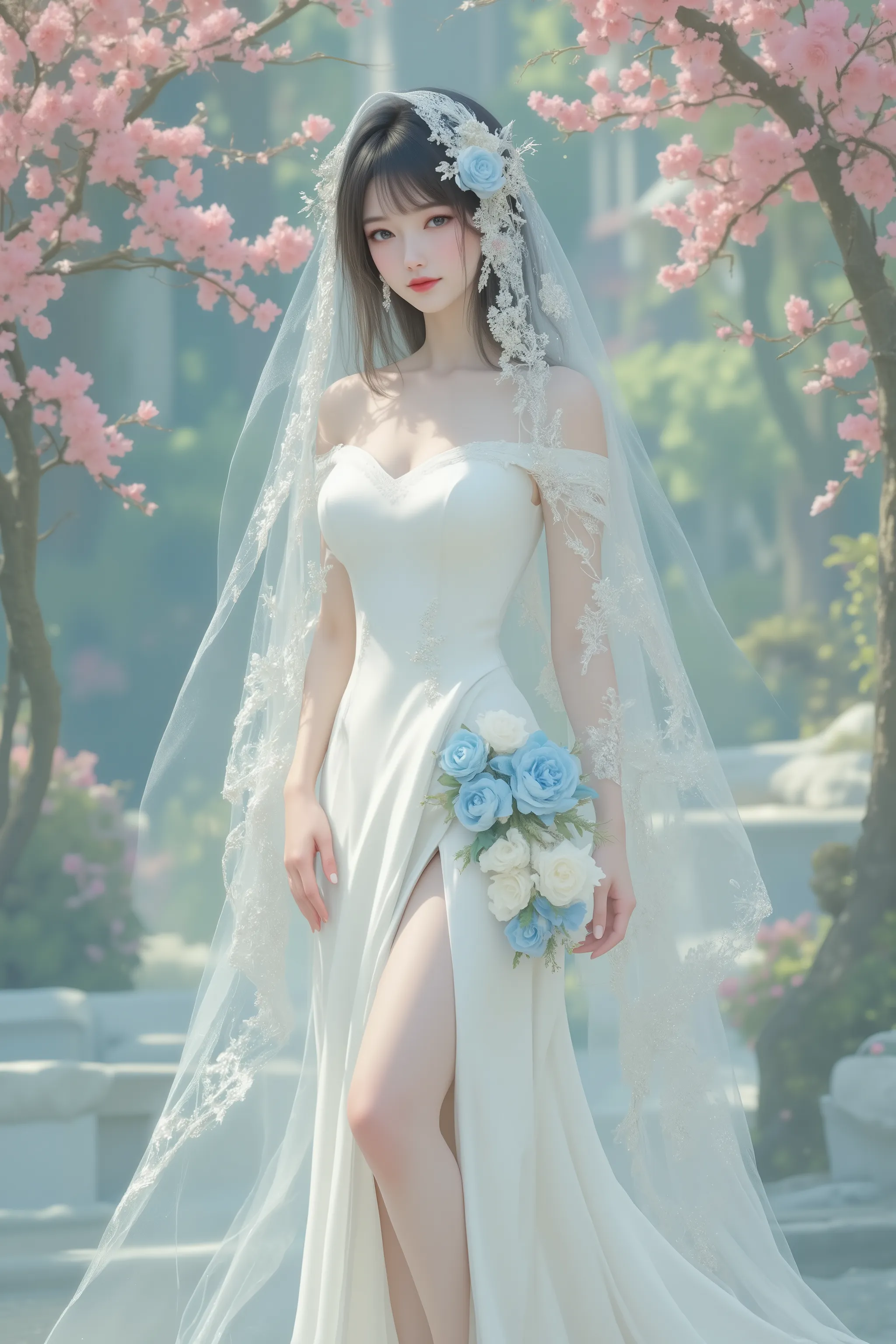 (masterpiece, best quality: 1.2), (Ultra-realistic:1.2),(Ultra-Details),(secret colorful forest like fairy live), (pure white dress),(nude color high heels),beautiful woman like a princes,20years old,gentle smile, black hair,red lips,brown eyes,beautiful s...