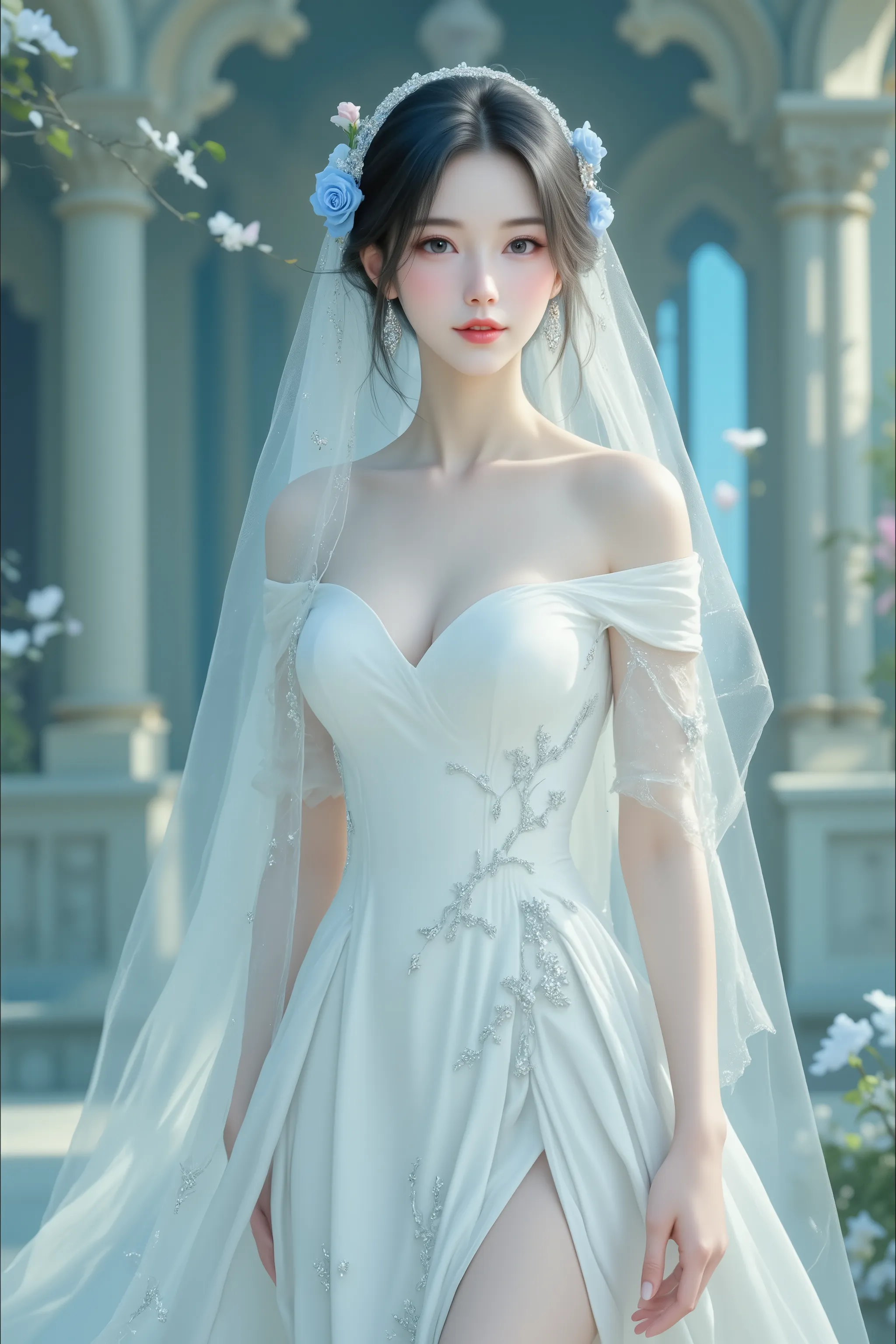 (masterpiece, best quality: 1.2), (Ultra-realistic:1.2),(Ultra-Details),(secret colorful forest like fairy live), (pure white dress),(nude color high heels),beautiful woman like a princes,20years old,gentle smile, black hair,red lips,brown eyes,beautiful s...