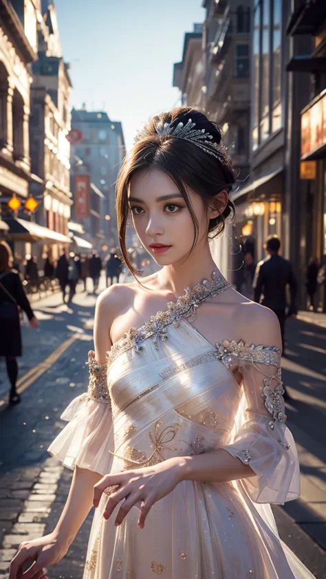 8K, UHD, Masterpiece, extreme quality, 1 girl, good face, detailed eyes, very long hair, detailed lips, small breasts, detailed empress fantasy dress, ((white thread dress)), ((thread dress:1.4)), lace, (bare one shoulder:1.5), flowing sardine, beautiful f...