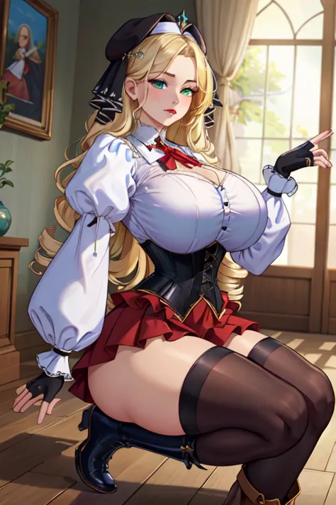 (masterpiece, best quality, absurdres, 4k, aesthetic, detailed, intricate),1girl,nikkecrwn,tiara, hair ribbon, long blonde drill hair, drill locks, black and white nun's clothes, elegant Victorian-inspired outfit with a gothic-lolita aesthetic. green color...