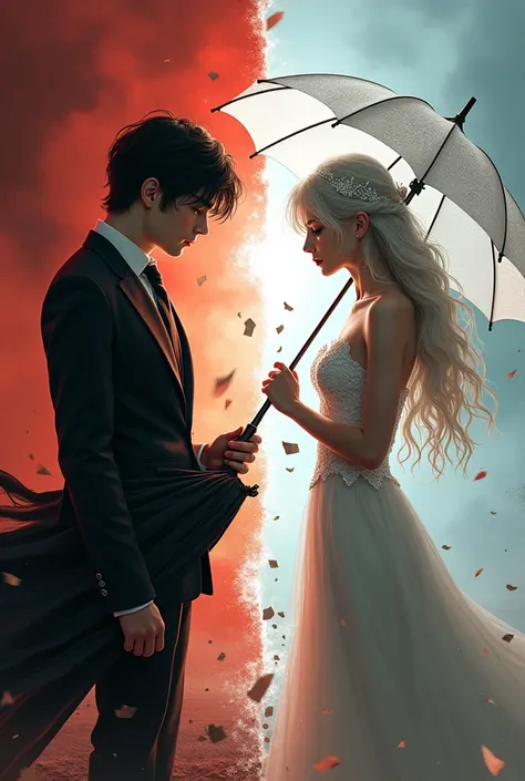 n a fractured world where light and darkness wage an eternal war, two fated souls stand divided by a thin, invisible barrier. On the left, a mysterious young man dressed in a sharp black suit holds an ominous black umbrella, his eyes hidden beneath dark ba...