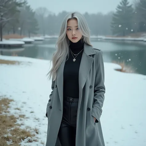 A breathtaking Korean woman stands with an air of untouchable beauty and quiet authority beside a serene, snow-covered lake. The ground beneath her is a mix of soft grass and freshly fallen snow, and towering, frost-kissed trees frame the tranquil scene. S...