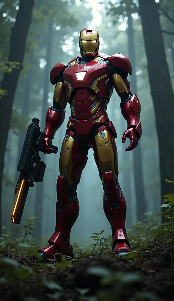 Ironman pointing a super weapon at the camera in front of him in a dark, dark forest,  ultra real and professional images