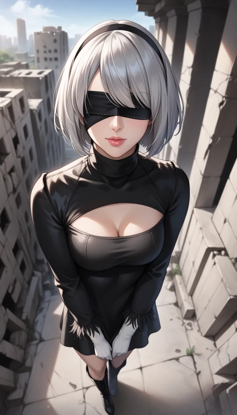  score_9,  score_8_above,  score_7_above, 32 mil ,masterpiece, high quality, 
photorealistic,  bright colors,   light-dark lighting , cinematic lighting,
  1 Female,  Inspired by Nier:Automata 2b,
bob cut, gray hair, fringe ,birthmark under the mouth,  bli...