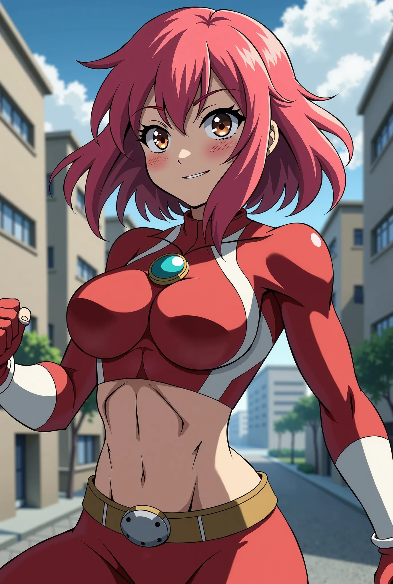 My Hero Academia Style , Anime girl, female, young female,muscular female,Full Body Shot,(fighting Pose:2),Long hair, Red Hair,  Brown Eyes,Hero Suit, Full Body Suit, red suit with white details,small round blue jewel in the center of the chest, perfect an...