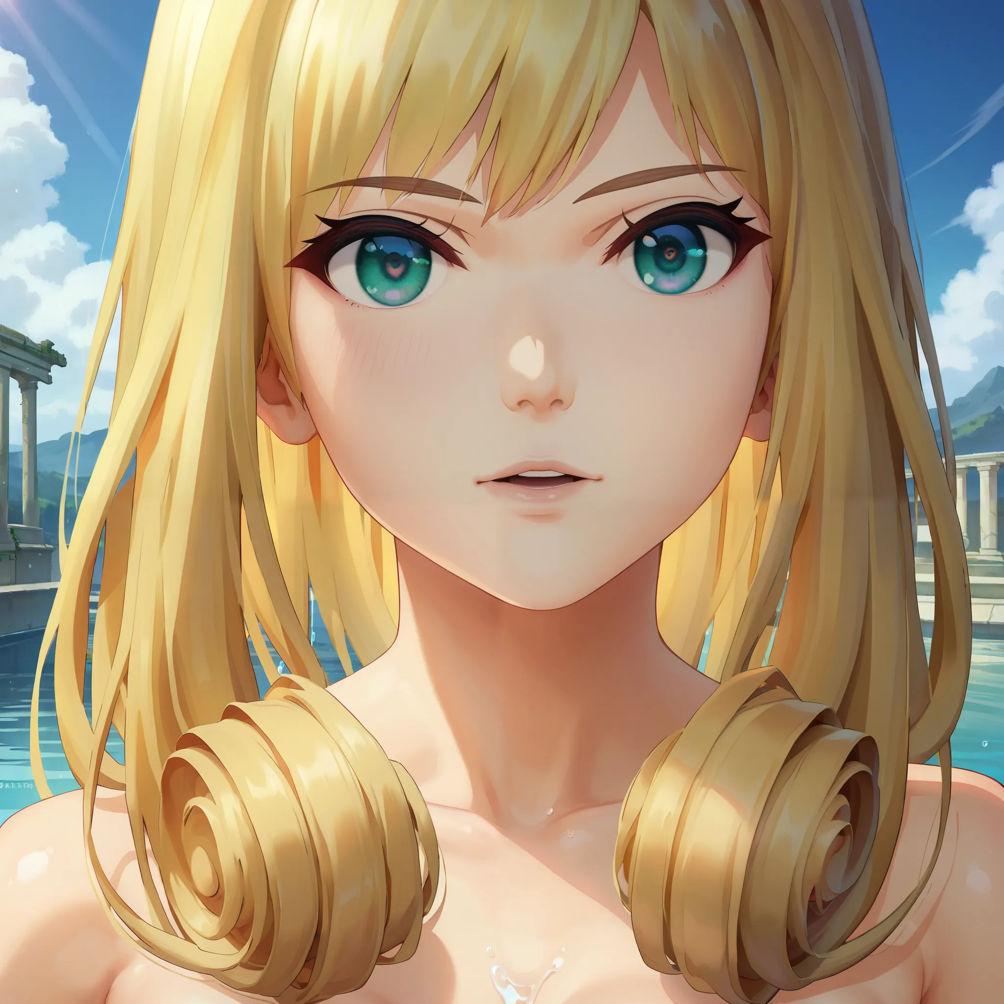 score_9, score_8_up, score_7_up, 1girl, solo, portrait, close-up, ,, melia antiqua,medium hair, teal eyes, ruins and water background ,blonde hair,golden hair,perfect hair,glossy hair,smooth hair,shiny hair,,detailed hair,cowboy shot,slim body,small breast...