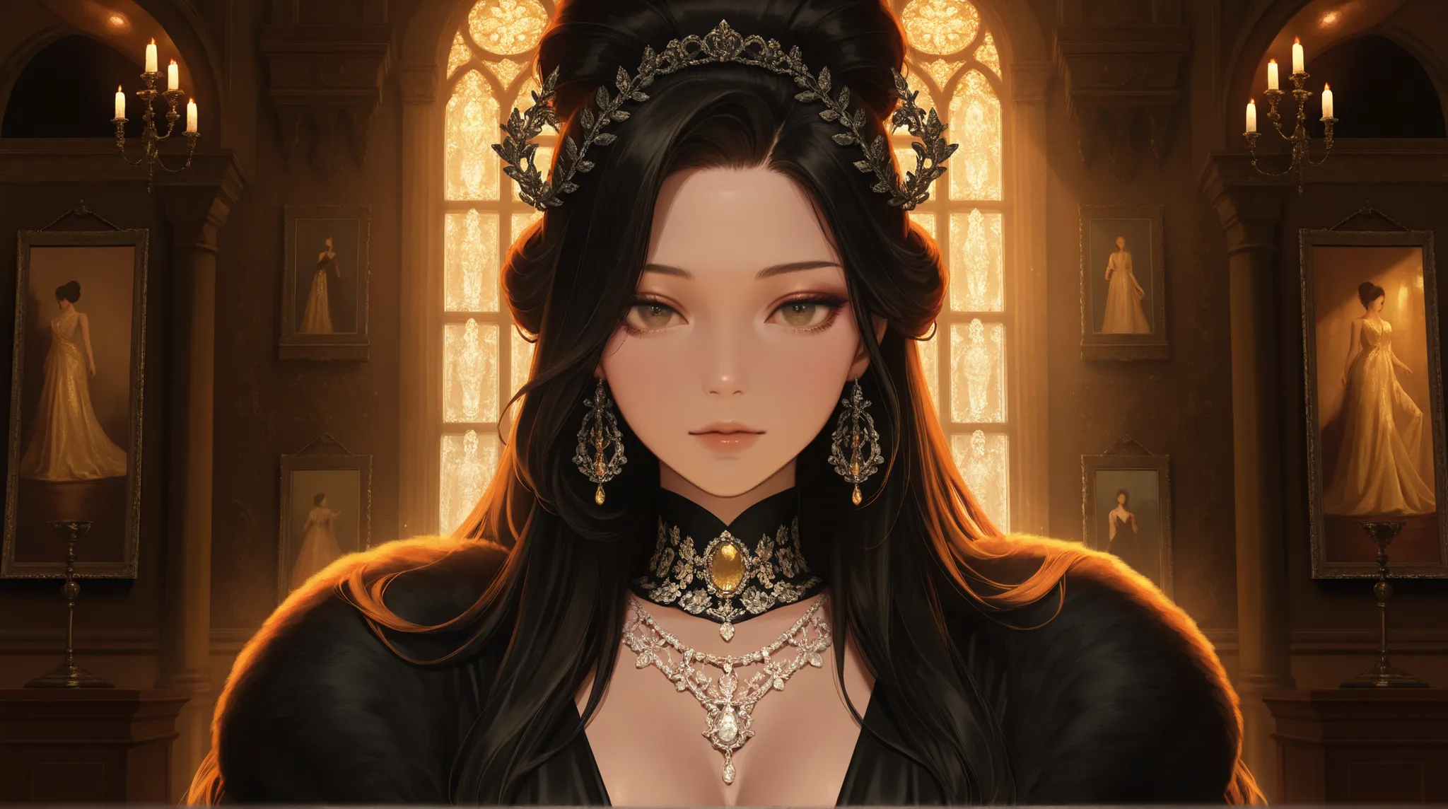 masterpiece, best quality, amazing quality, very aesthetic, detailed portrait of a woman,, intricate facial features, piercing gaze, elegant pose, elaborate hairstyle, luxurious dress, opulent jewelry, dramatic lighting, ornate background, cinematic compos...