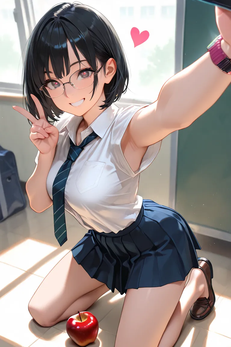 masterpiece, 8k, school, shoes, bare feet, soles, bob hair, black hair, high school uniform, glasses, (kneeling:1.5), 1girl, armpits, thin chests, medium breasts, close-up face, Dynamism, unrealistic beauty, enchanting eyes, perfect face, clear darkened ey...