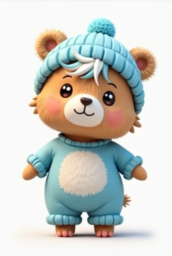 sky blue beanie bear hat, with a hoodie in the neck, white and sky blue messy hair, a cute baet shirt, and a light blue pjs