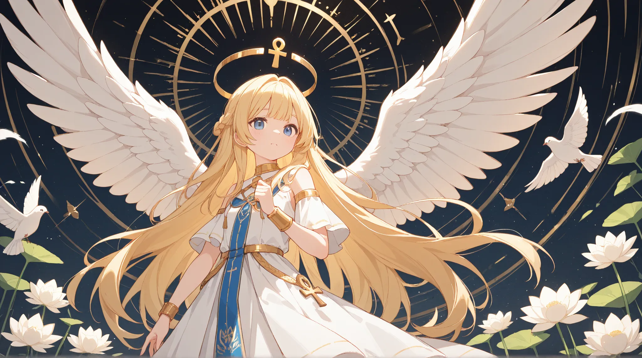 A long blonde hair girl with blue eyes and white bird wings holding gold ankh in left hand and holding white lotus in right hand