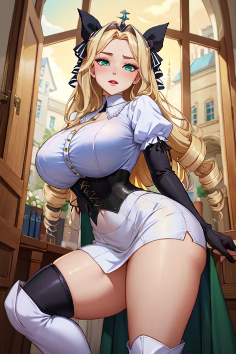 (masterpiece, best quality, absurdres, 4k, aesthetic, detailed, intricate),1girl,nikkecrwn,tiara, hair ribbon, long blonde drill hair, drill locks, black and white nun's clothes, elegant Victorian-inspired outfit with a gothic-lolita aesthetic. green color...