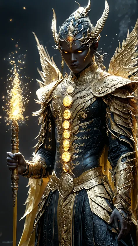 A full-body black pedestal statue of a fearsome Thai giant-like giant, powerful and authoritative, wearing an elaborate golden Thai Khon armor and holding a baton, standing out against a black background. Natasha Tan, the God of Music. Avatar image. Artist...