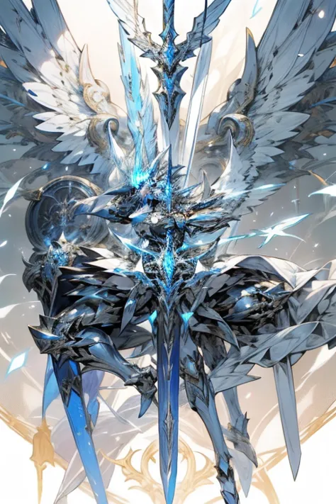 Arad image of a robot with wings and holding a glowing blue elegant symmetrical sword, from Ark Night, Armor Angel with Wings, Ark Night, glossy white armor, Archangel, Alexander Fira white mech, Raymond Swanland style, white armor, albedo of anime overlor...