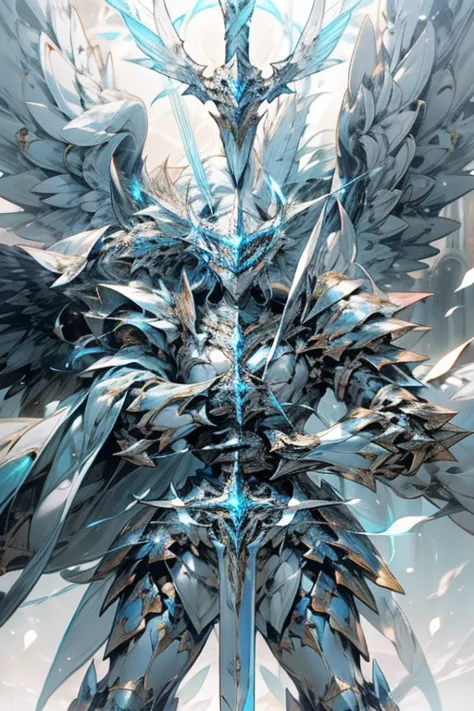 Arad image of a robot with wings and holding a glowing blue elegant symmetrical sword, from Ark Night, Armor Angel with Wings, Ark Night, glossy white armor, Archangel, Alexander Fira white mech, Raymond Swanland style, white armor, albedo of anime overlor...