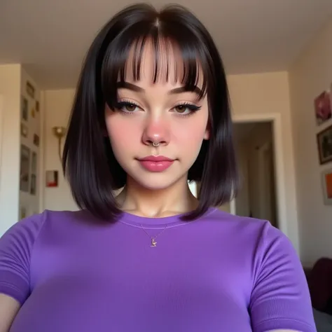 Selfie, realistic, purple t-shirt, in the room. 16k, with cleavage, hair black 