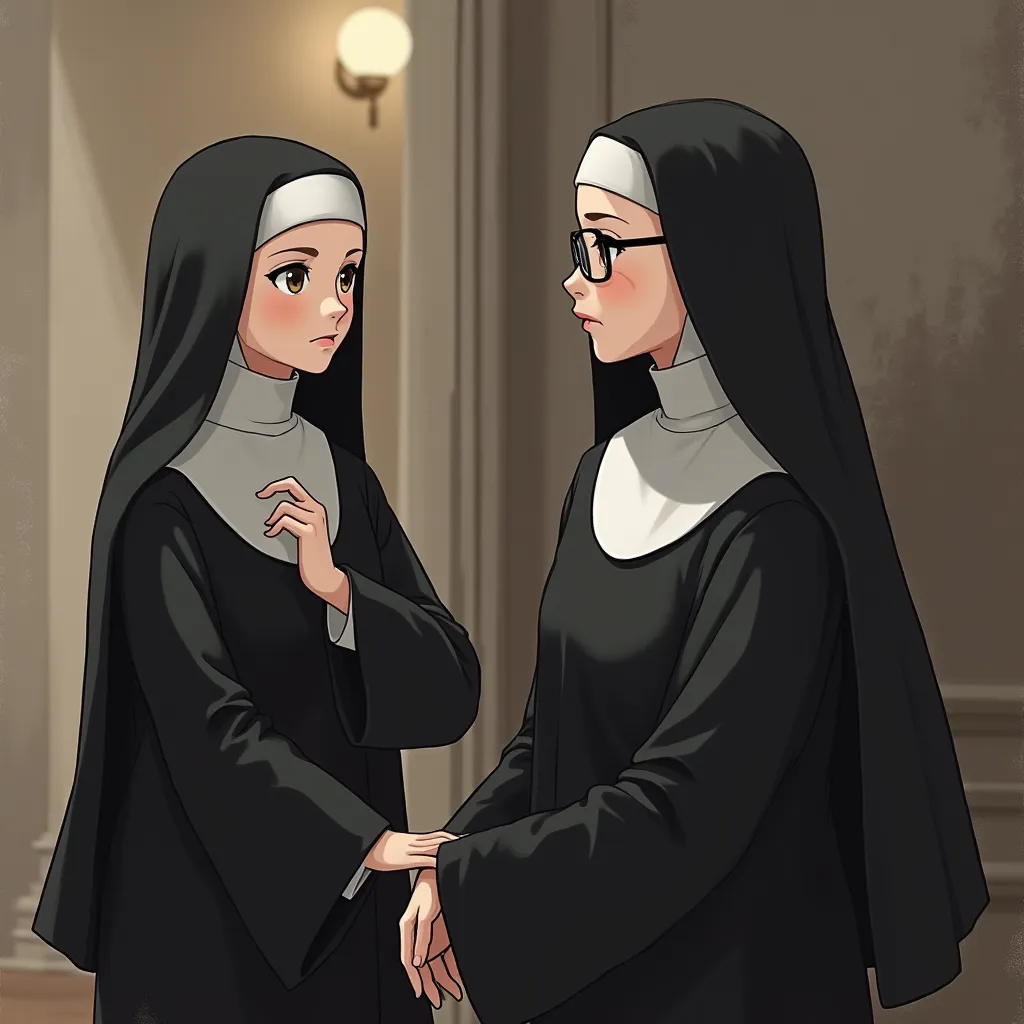 I need an image in which there are 6 characters, 2 nuns and 4 girls.. They must be two nuns, one younger and one older. (The oldest with glasses).  The sisters must have the dress as black as the veil with a white hem on the veil. In the image there must a...