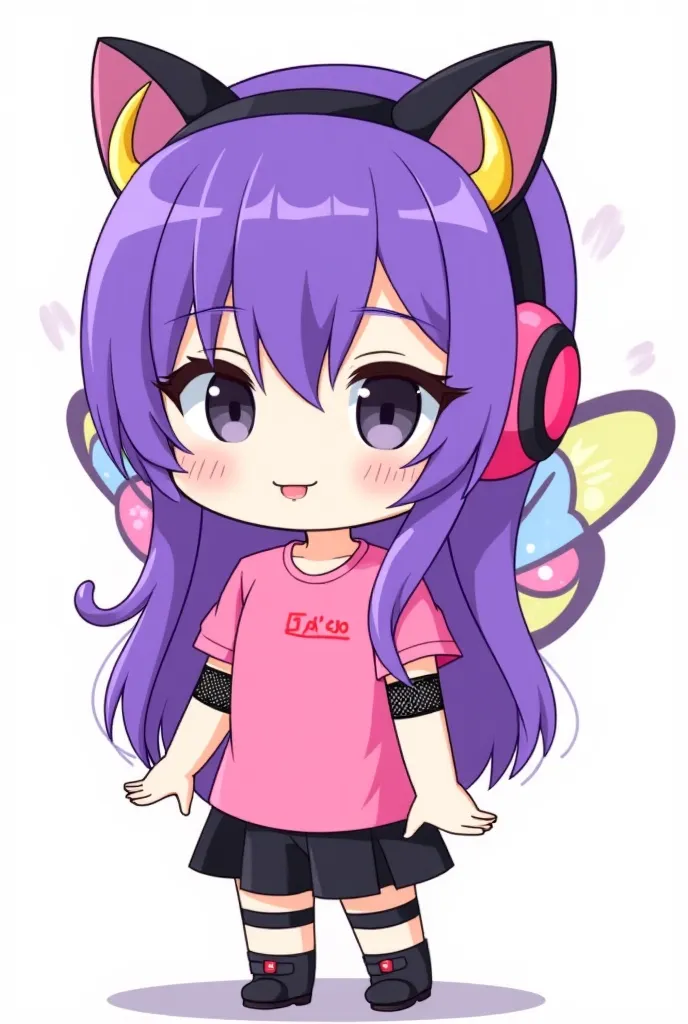  style from the image:Chibi Gender:Mujer Cabello: Long in Purple with pink and meyons of blue Clothing:a pink t-shirt with black straps and on the right arm a black mesh headband Eyes black headwear:hot pink cat headphones and gold horns Back accessory:but...