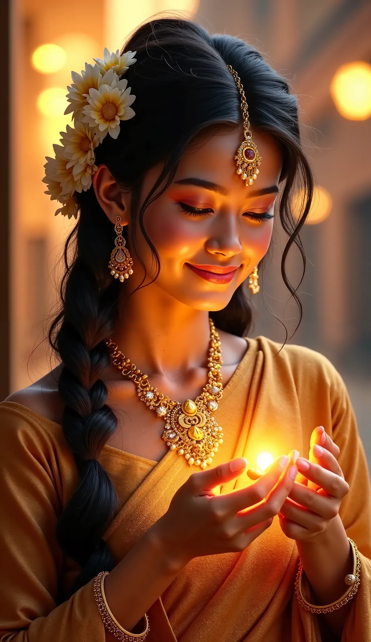 A beautiful 22-year-old woman from ancient times, dressed in an elegant silk saree with intricate gold embroidery, walking gracefully with joy after purchasing gold jewelry. She has a radiant smile, her eyes filled with happiness as she admires the jewelry...