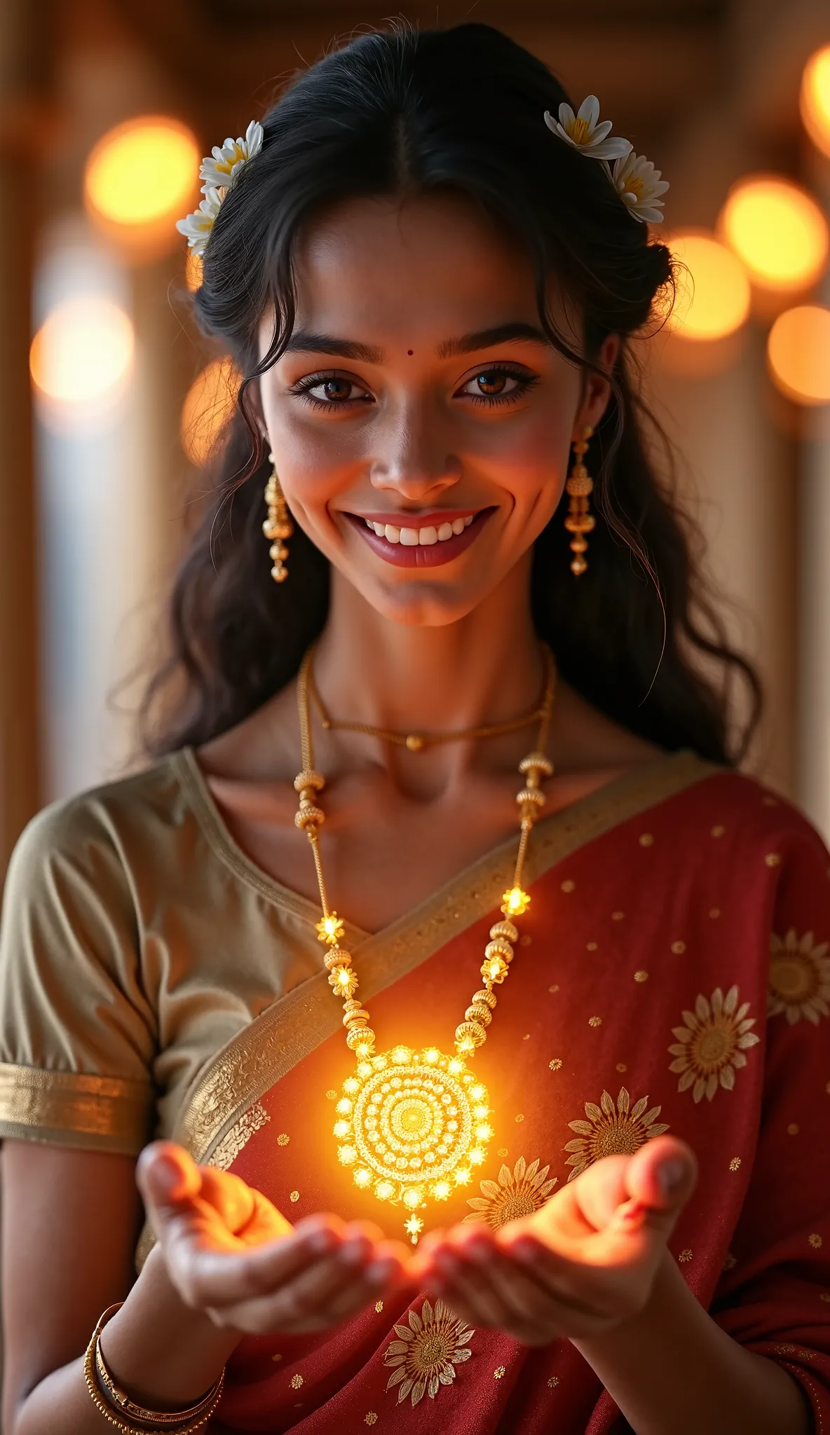 A beautiful 22-year-old woman from ancient times, dressed in an elegant silk saree with intricate gold embroidery, walking gracefully with joy after purchasing gold jewelry. She has a radiant smile, her eyes filled with happiness as she admires the jewelry...